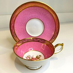Vtg Aynsley Hand Painted Teacup and Saucer Pink Rose Pink Marble Like Gold Trim